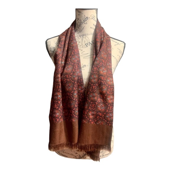 Hand Made Pure Silk Scarf Blocked Paisley Printed Brown Fringe Imported Soft OS - Picture 2 of 6